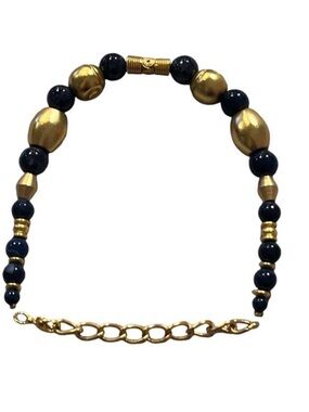 Bracelet Gold and Blue Beads 9" long Adjustable to 7"